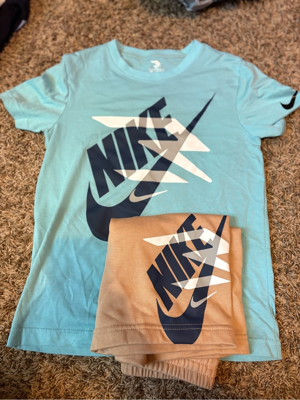 Nike Kids Aqua Blue Graphic Tee with Tan Accent